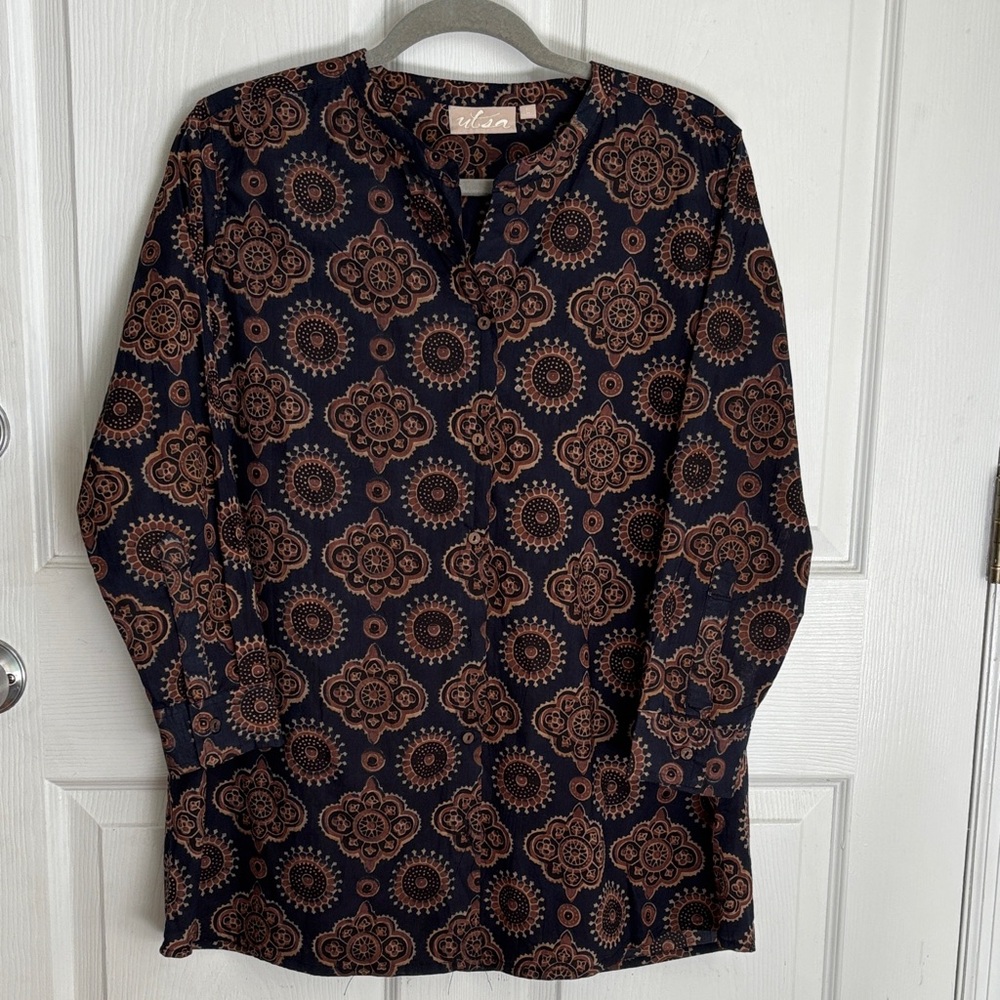 NEW Utsa Navy Cotton Kurti Brown Medallion Print Heritage India size 42 size L